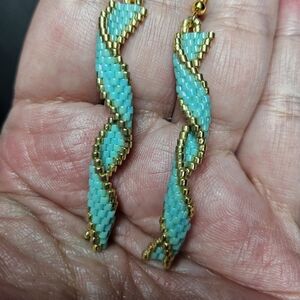 Gorgeous gold and turquoise handmade beaded spiral earrings